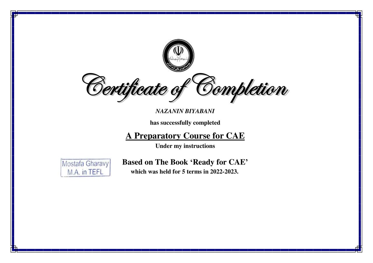 Certificate of completion for Nazanin Biyabani: A Preparatory Course for CAE, based on Ready for CAE, held for five terms in 2022–2023.