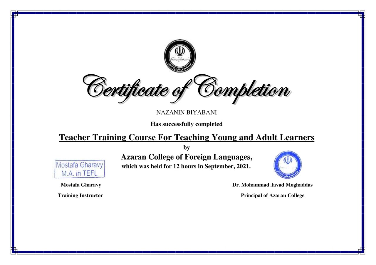 Certificate of completion for Nazanin Biyabani: Teacher Training Course for Teaching Young and Adult Learners, a 12-hour course held in September 2021.
