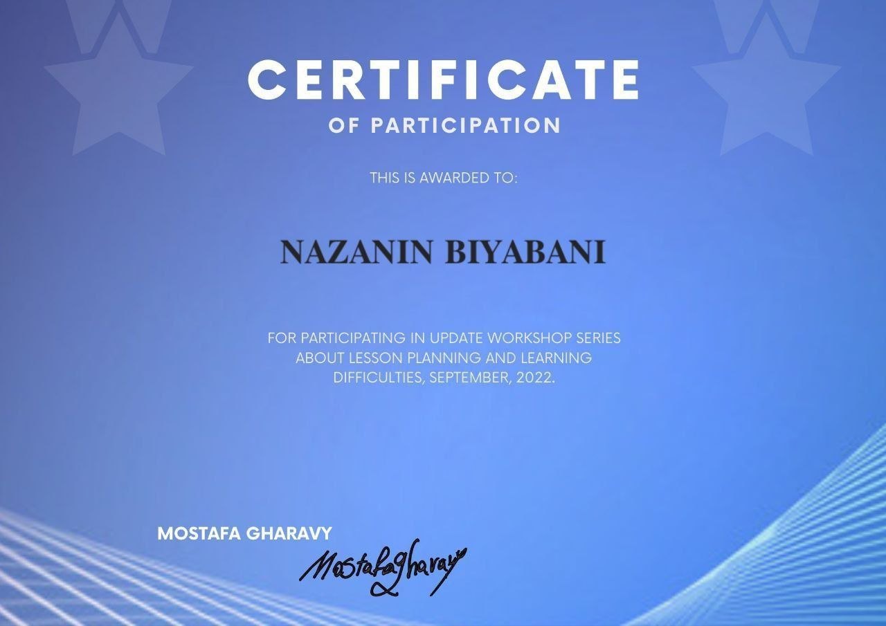 Certificate of participation for Nazanin Biyabani in an UPDATE workshop series about lesson planning and learning difficulties, September 2022