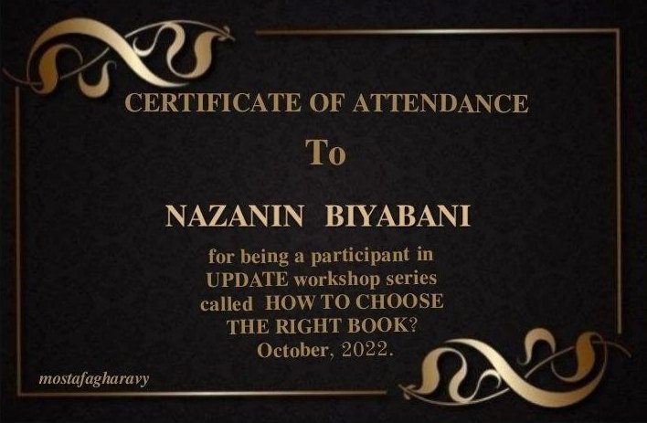 Certificate of attendance for Nazanin Biyabani in the UPDATE workshop series called How to Choose the Right Book, October 2022