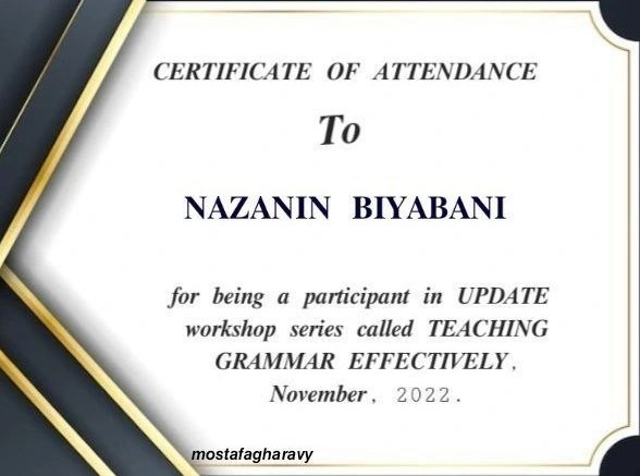 Certificate of attendance for Nazanin Biyabani in the UPDATE workshop series called Teaching Grammar Effectively, November 2022